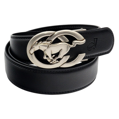 QHA Men's Ratchet Leather Belt – Running Horse Buckle, Holeless 35mm Q27