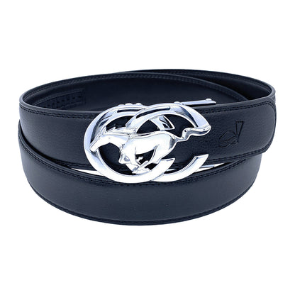 QHA Men's Ratchet Leather Belt – Running Horse Buckle, Holeless 35mm Q27