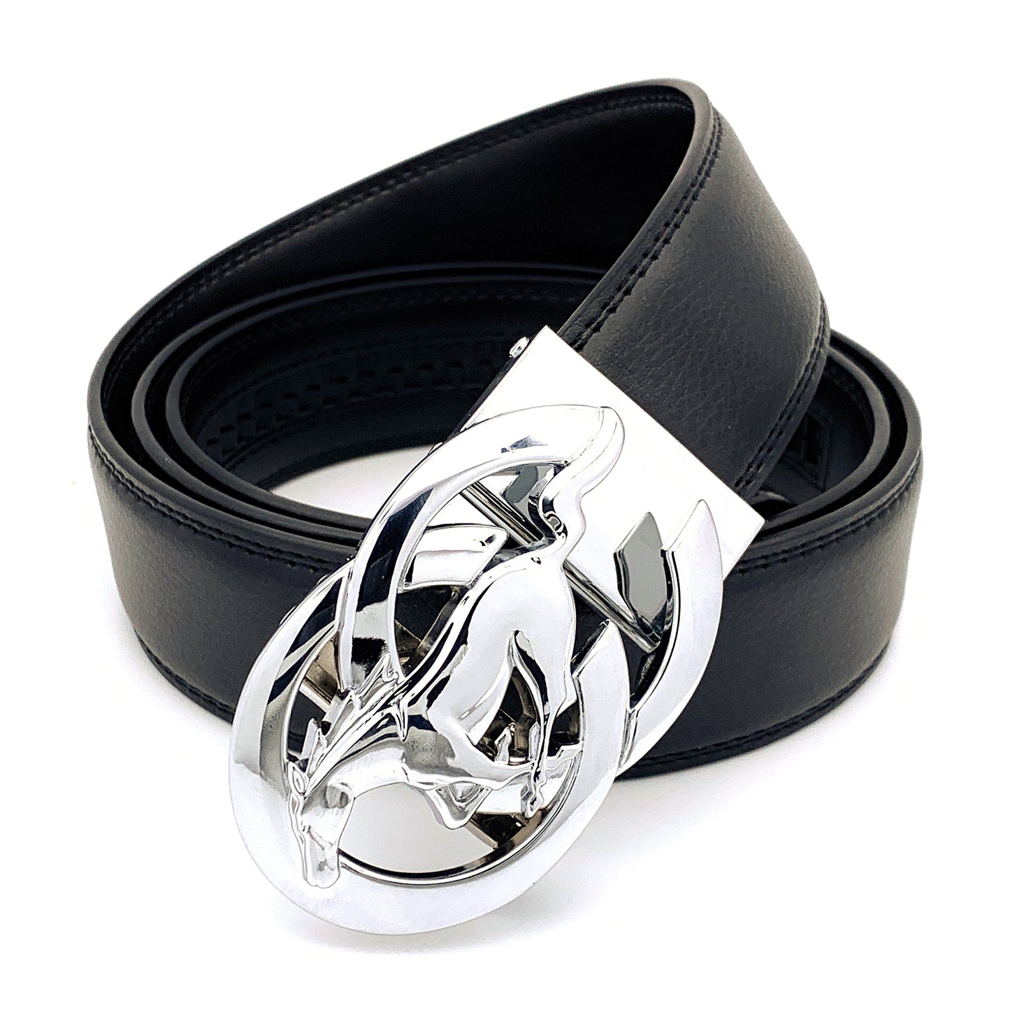 QHA Mens Ratchet Leather Belt Running Horse Automatic Buckle 35mm Wide Q27