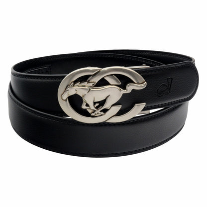 QHA Men's Ratchet Leather Belt – Running Horse Buckle, Holeless 35mm Q27