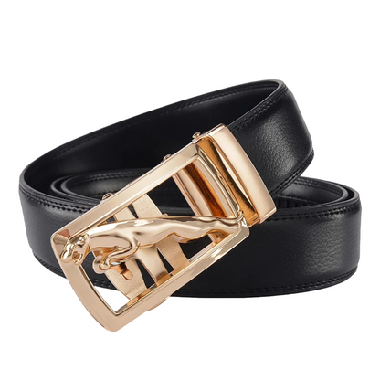 QHA Mens Ratchet Leather Belt – Gold Jaguar Buckle 35mm Q31