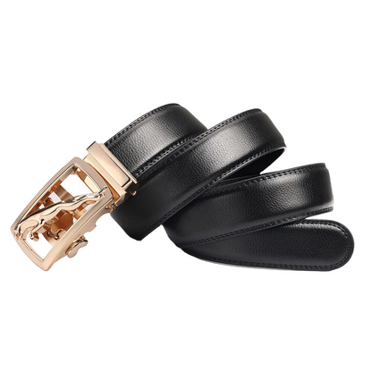 QHA Mens Ratchet Leather Belt – Gold Jaguar Buckle 35mm Q31