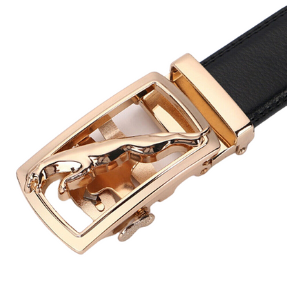 QHA Mens Ratchet Leather Belt – Gold Jaguar Buckle 35mm Q31