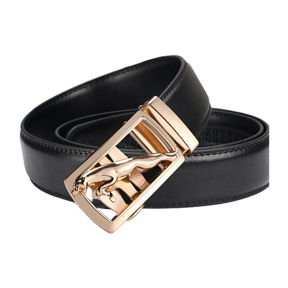QHA Mens Ratchet Leather Belt – Gold Jaguar Buckle 35mm Q31