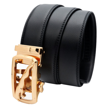 QHA Mens Ratchet Leather Belt – Gold Jaguar Buckle 35mm Q31