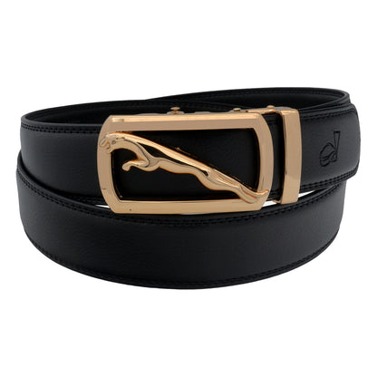 QHA Mens Ratchet Leather Belt – Gold Jaguar Buckle 35mm Q31