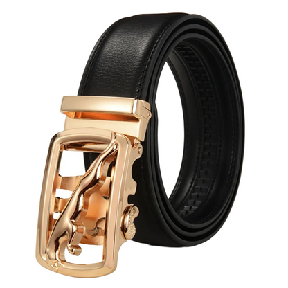 QHA Mens 35mm Ratchet Leather Belt, Gold Big Cat Automatic Buckle Q31 - QHA UK