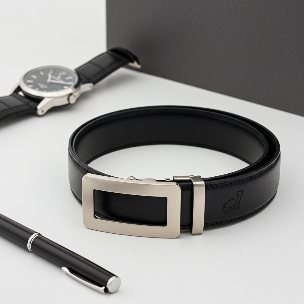 QHA Mens 35mm Ratchet Leather Belt, Silver Holo Design Automatic Buckle Q34