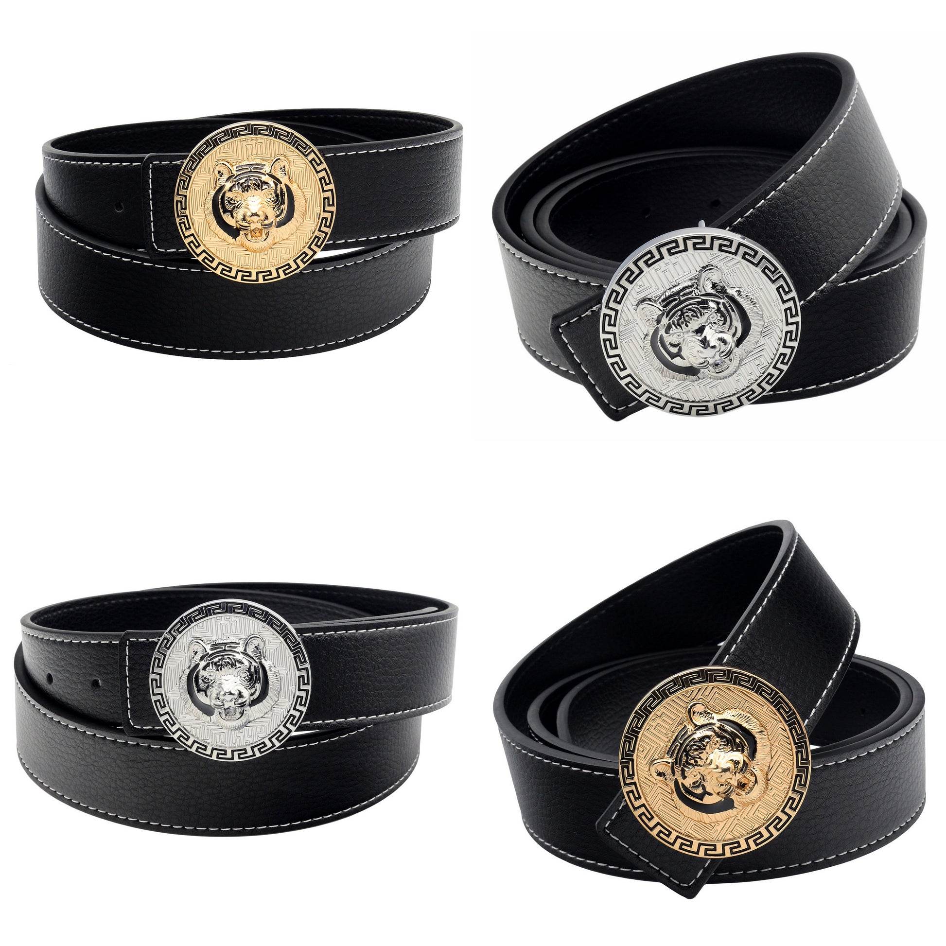 QHA Mens Leather Belt for Jeans with Tiger Frame Buckle 38mm Wide Q36