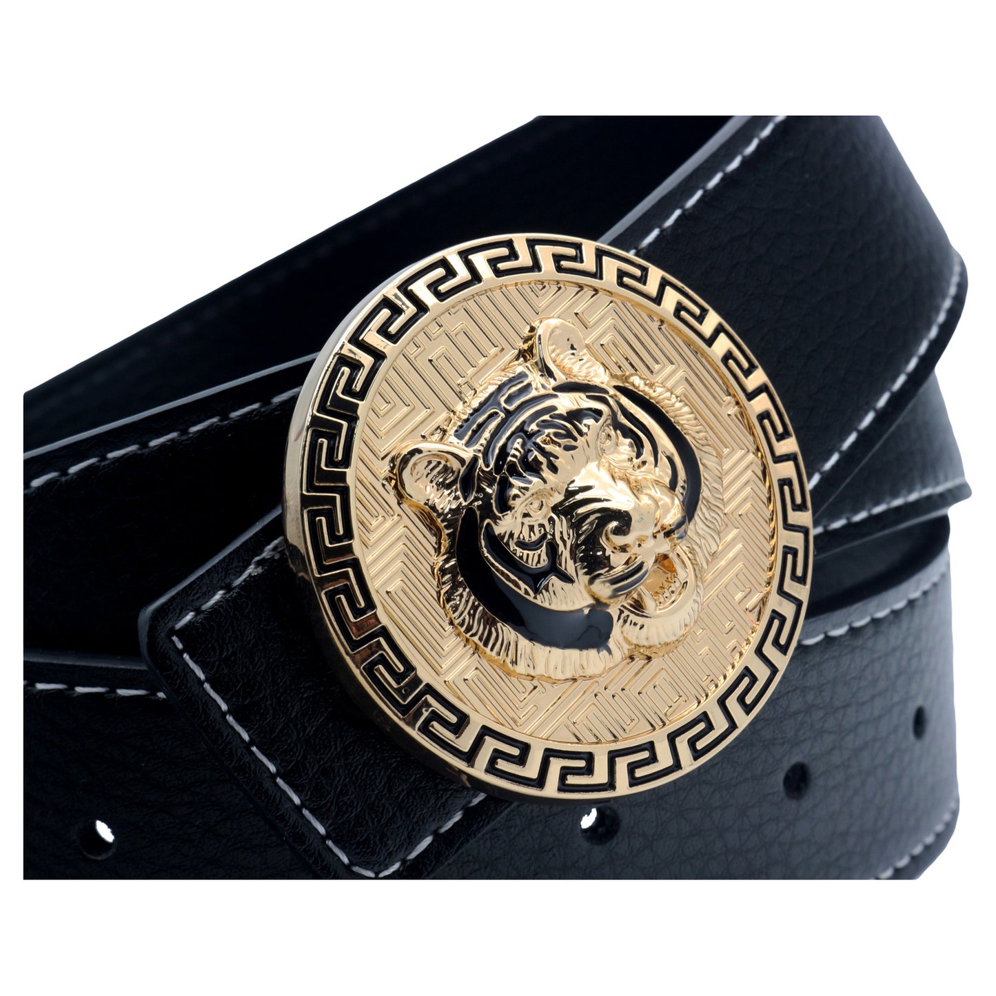 QHA Men's Tiger Head Buckle Leather Belt 38mm Gold Silver Black