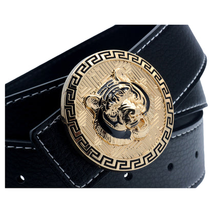 QHA Men's Tiger Head Buckle Leather Belt 38mm Gold Silver Black