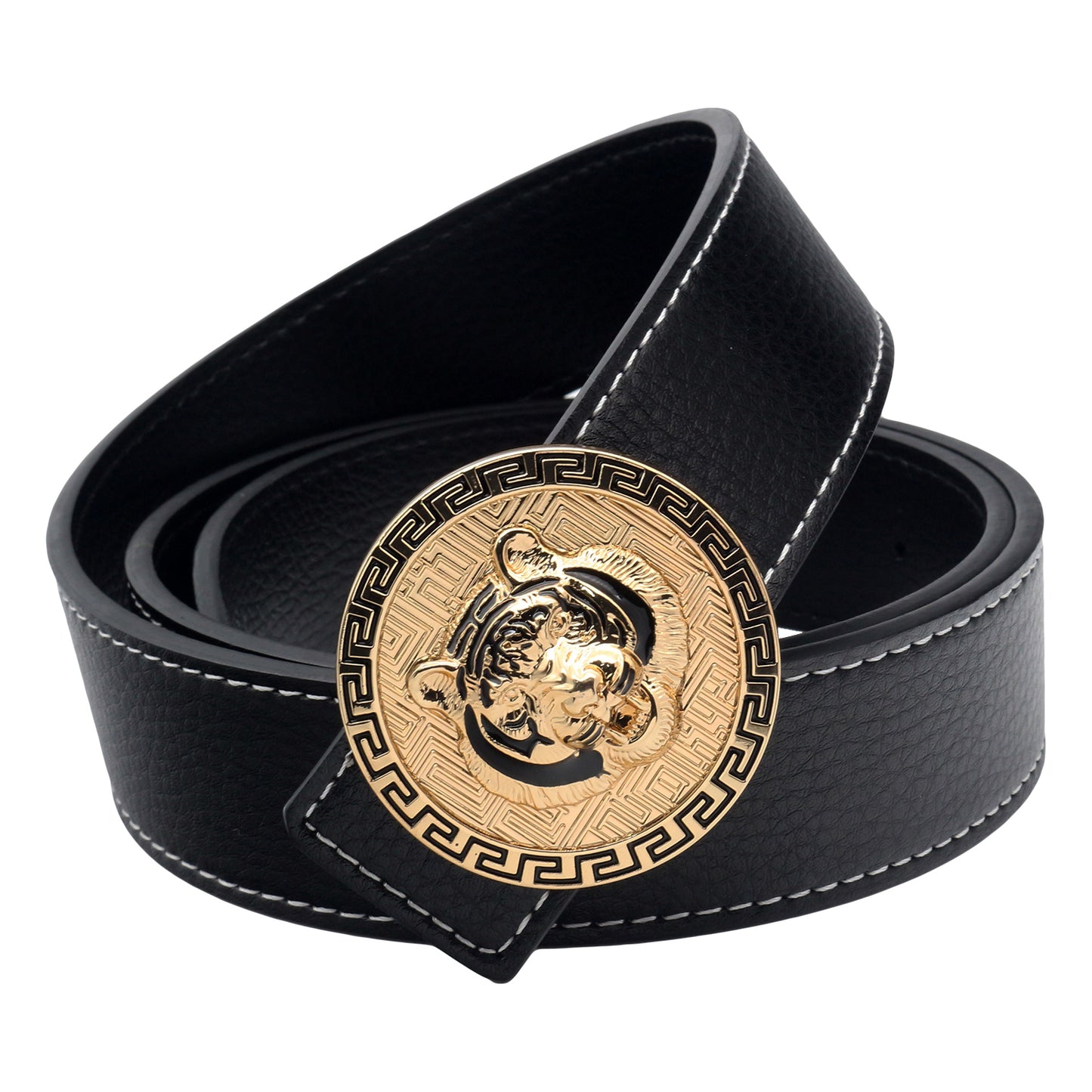 QHA Men's Tiger Head Buckle Leather Belt 38mm Gold Silver Black