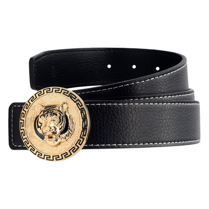 QHA Men's Tiger Head Buckle Leather Belt 38mm Gold Silver Black