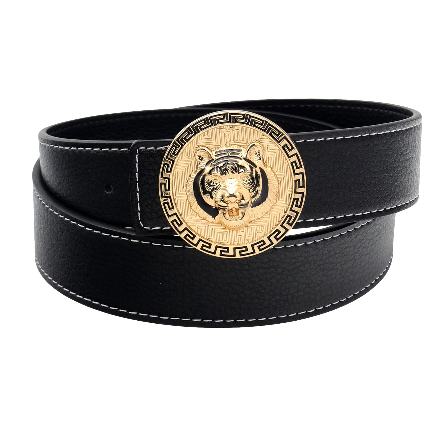 QHA Men's Tiger Head Buckle Leather Belt 38mm Gold Silver Black