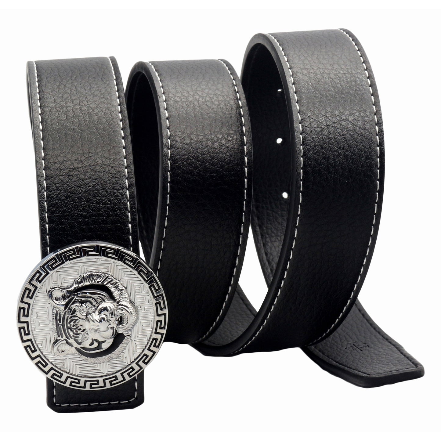 QHA Men's Tiger Head Buckle Leather Belt 38mm Gold Silver Black