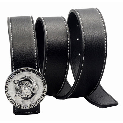 QHA Men's Tiger Head Buckle Leather Belt 38mm Gold Silver Black