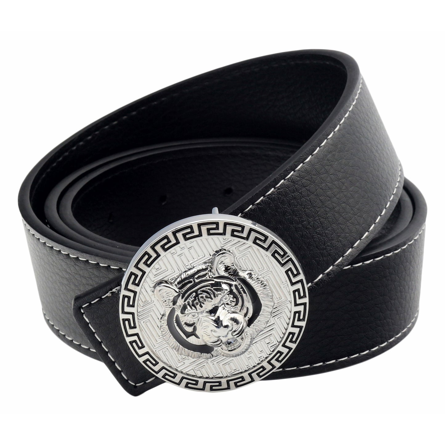 QHA Men's Tiger Head Buckle Leather Belt 38mm Gold Silver Black