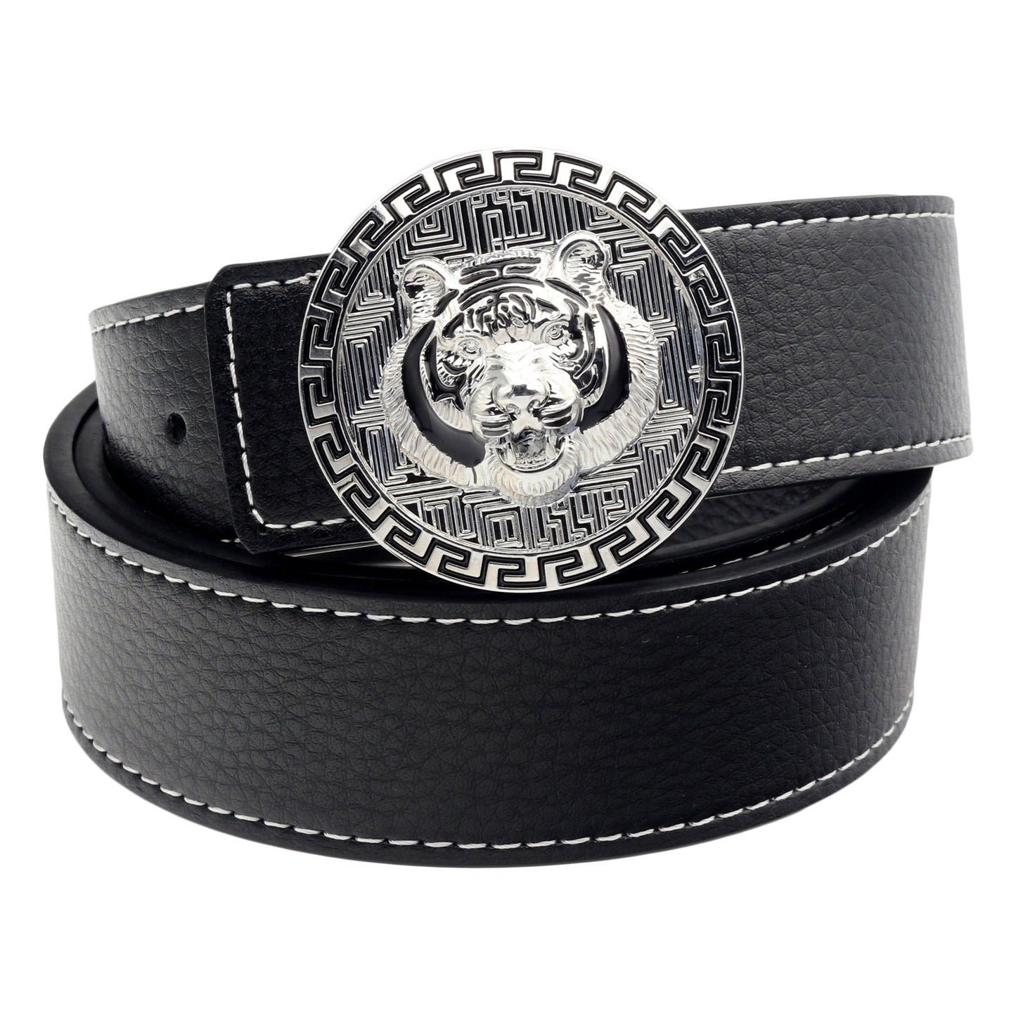 QHA Men's Tiger Head Buckle Leather Belt 38mm Gold Silver Black