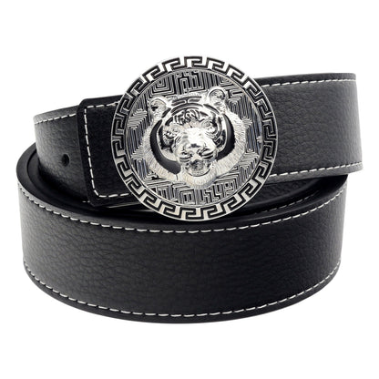 QHA Men's Tiger Head Buckle Leather Belt 38mm Gold Silver Black
