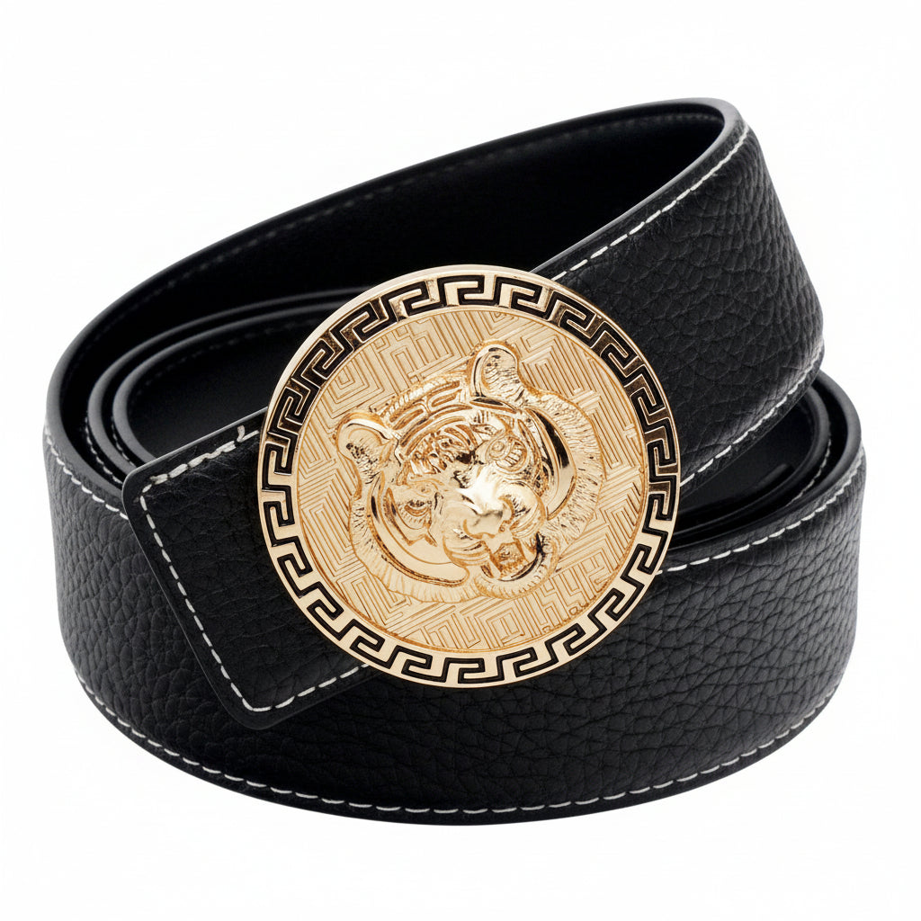 Black belt with a gold Medusa head buckle on a white background