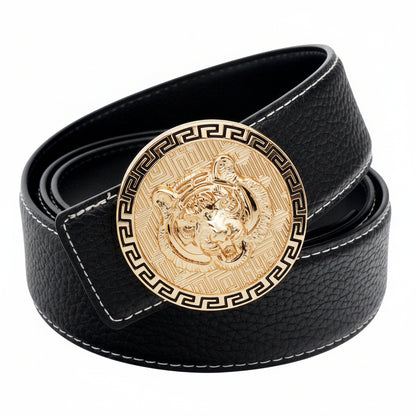 Black belt with a gold Medusa head buckle on a white background