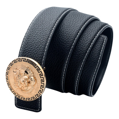 QHA Men's Tiger Head Pin Buckle Leather Belt 38mm Jeans Black Q40