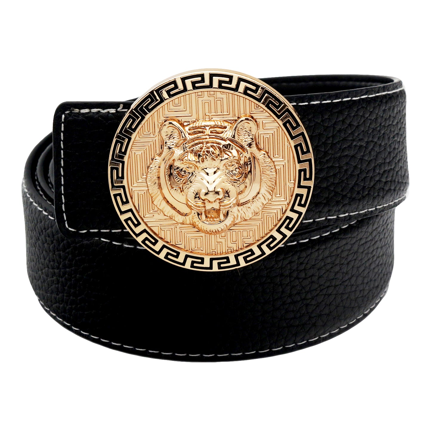 QHA Men's Tiger Head Pin Buckle Leather Belt 38mm Jeans Black Q40
