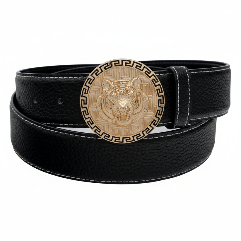 QHA Mens 38mm Leather Belt for Jeans, Sculpted Tiger Head Buckle Q40 - QHA UK