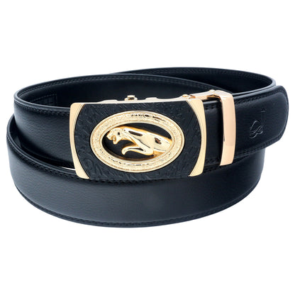 QHA Mens 35mm Ratchet Leather Belt, Stepped Edge Animal Automatic Buckle Q46