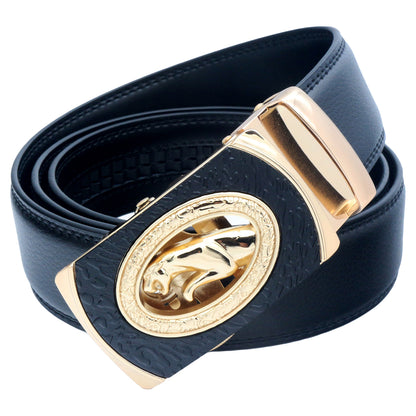 QHA Mens 35mm Ratchet Leather Belt, Stepped Edge Animal Automatic Buckle Q46