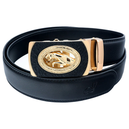 QHA Mens 35mm Ratchet Leather Belt, Stepped Edge Animal Automatic Buckle Q46
