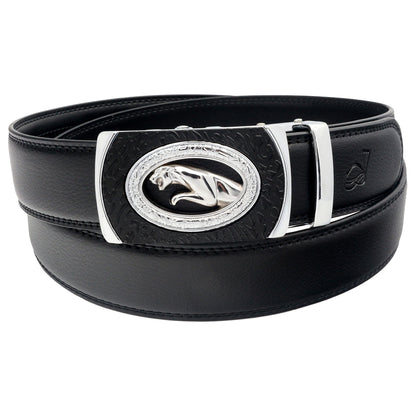 QHA Mens 35mm Ratchet Leather Belt, Stepped Edge Animal Automatic Buckle Q46
