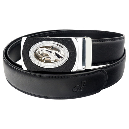 QHA Mens 35mm Ratchet Leather Belt, Stepped Edge Animal Automatic Buckle Q46