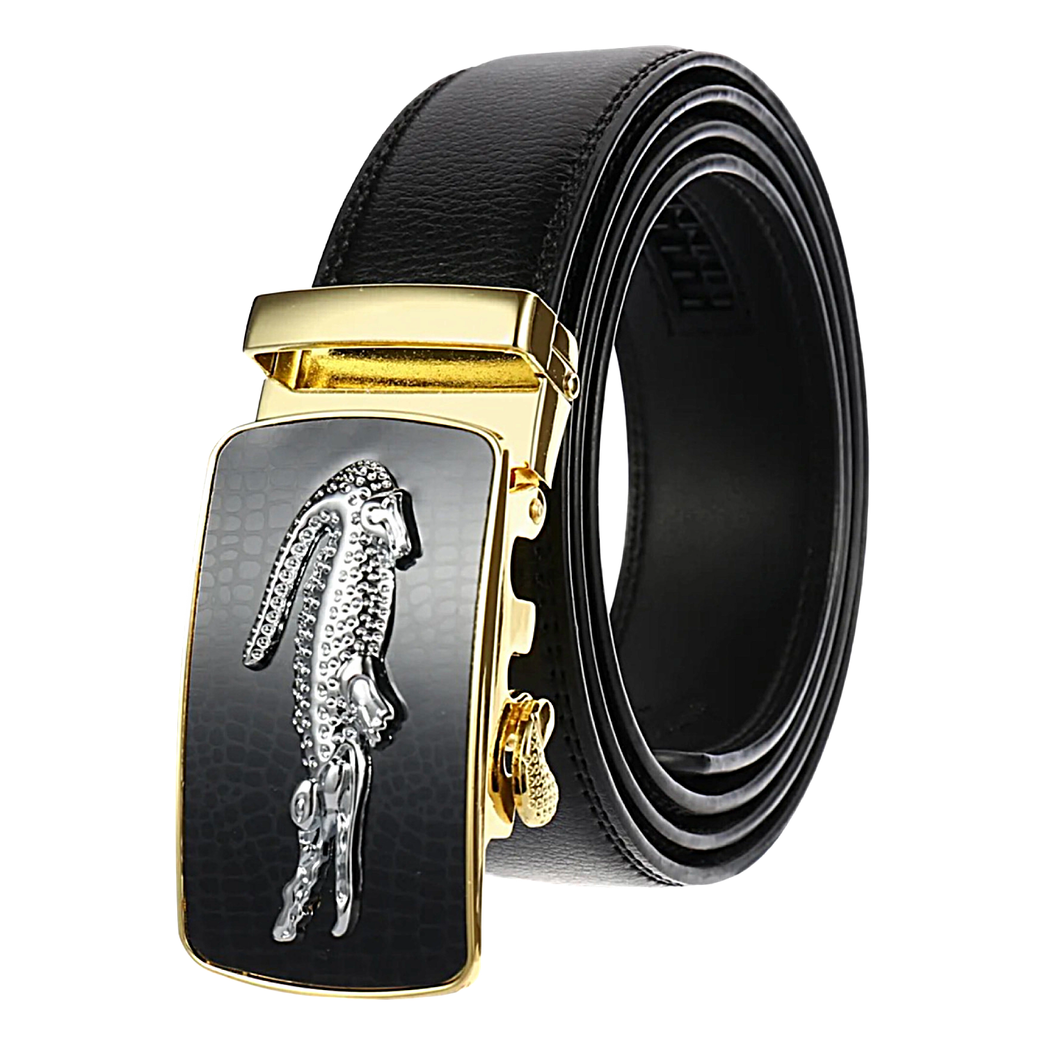 QHA Mens 35mm Ratchet Leather Belt, Alligator Automatic Sliding Buckle Q48