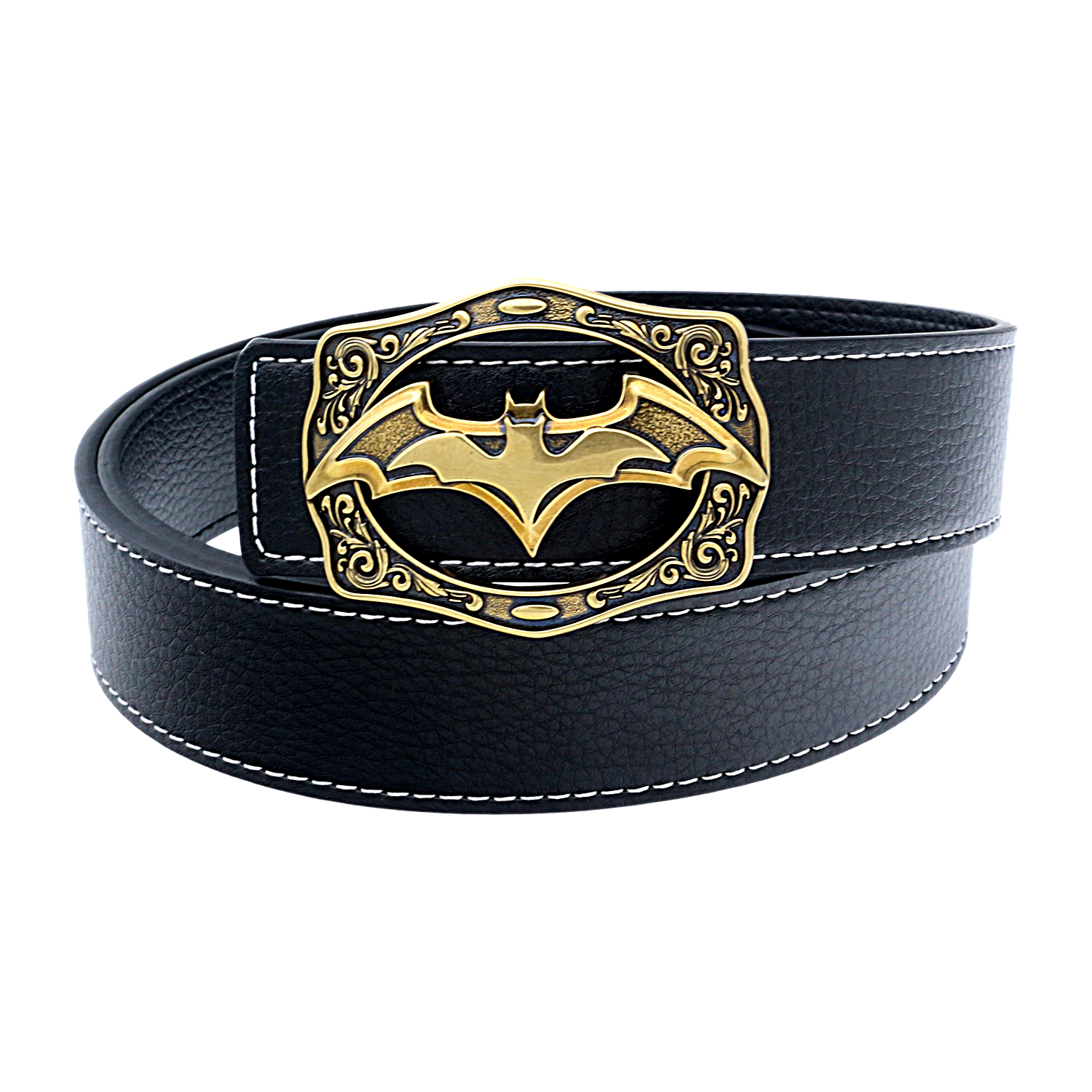 QHA Mens Designer Leather Belt Batman Themed Bat Buckle 38mm Wide Q49