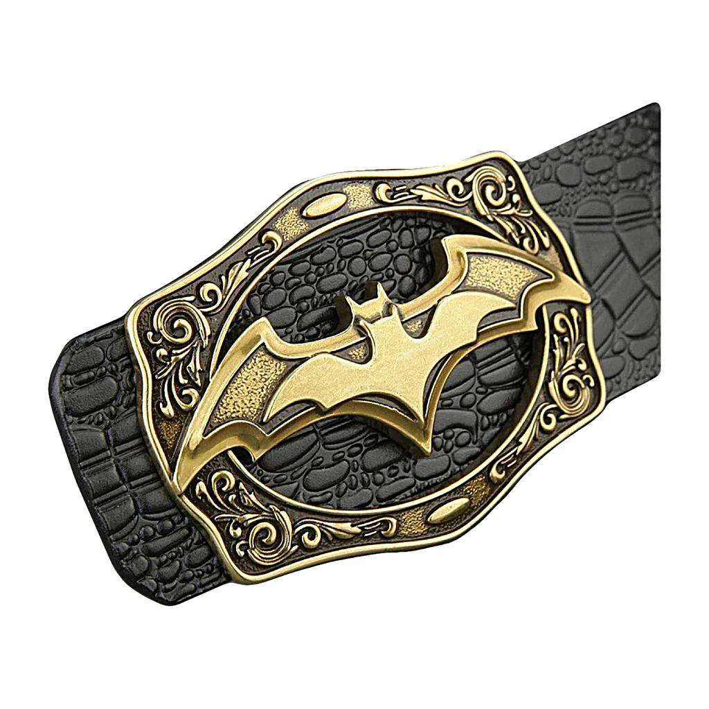 QHA Mens Designer Leather Belt Batman Themed Bat Buckle 38mm Wide Q49