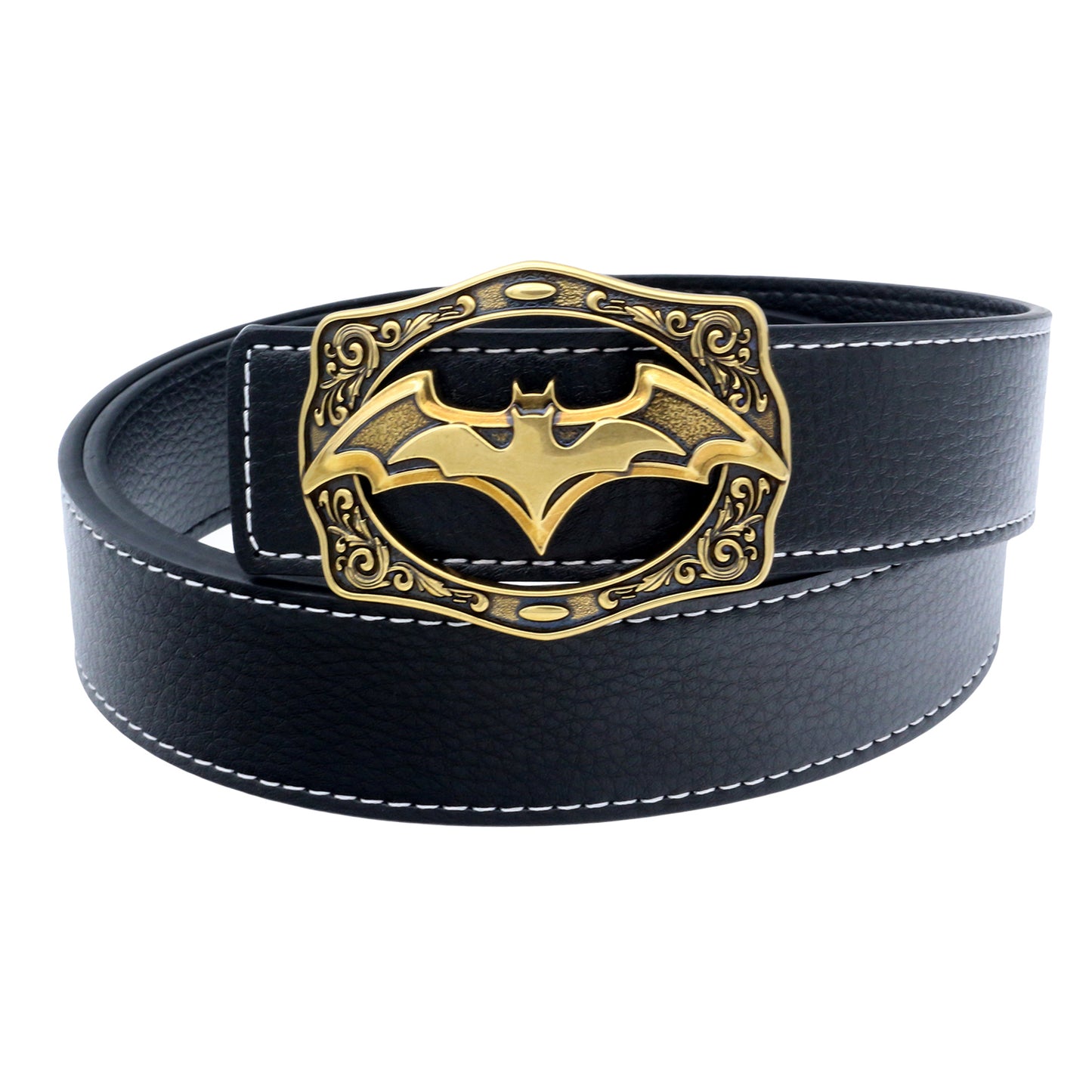 QHA Mens Designer Leather Belt Batman Themed Bat Buckle 38mm Wide Q49