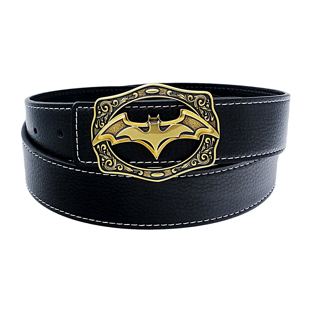 QHA Mens Leather Belt Designer Bat Buckle 38mm Wide Gift Q49