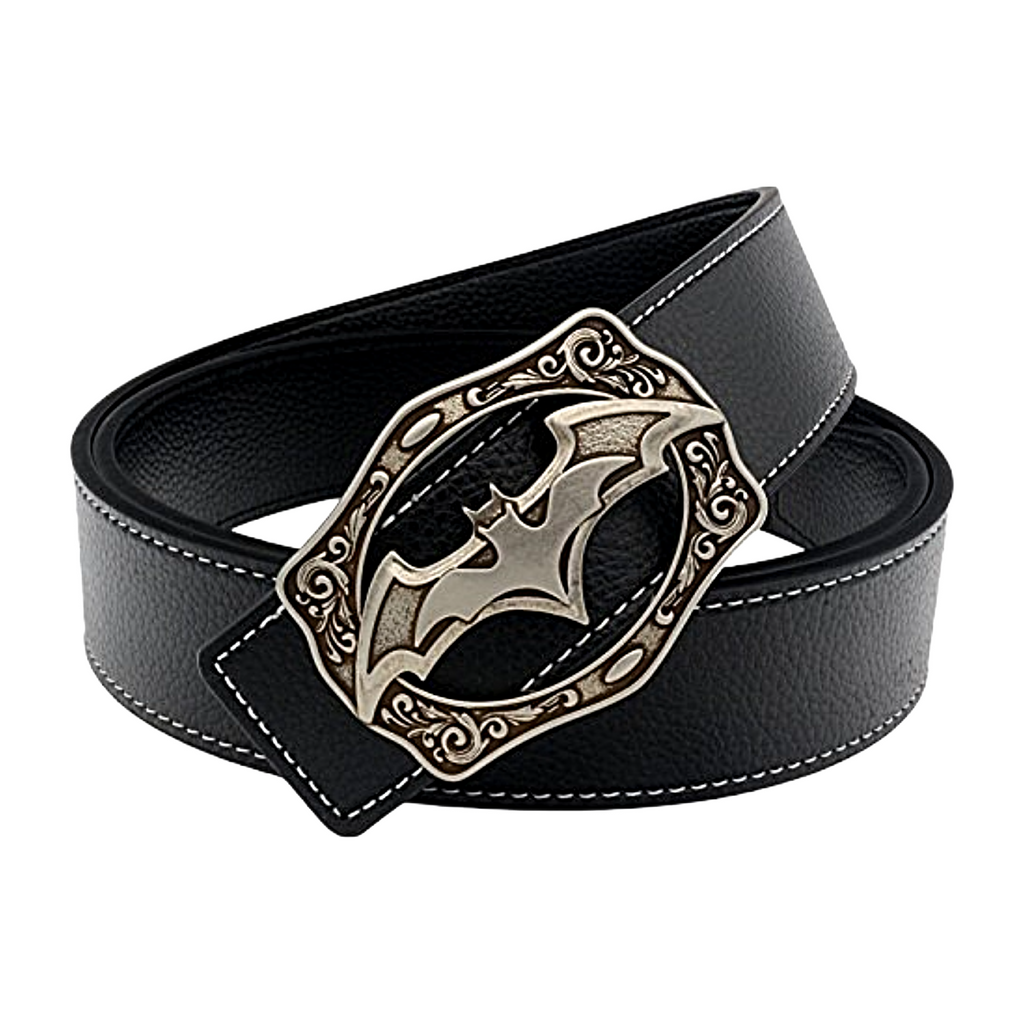 QHA Mens Designer Leather Belt Batman Themed Bat Buckle 38mm Wide Q49