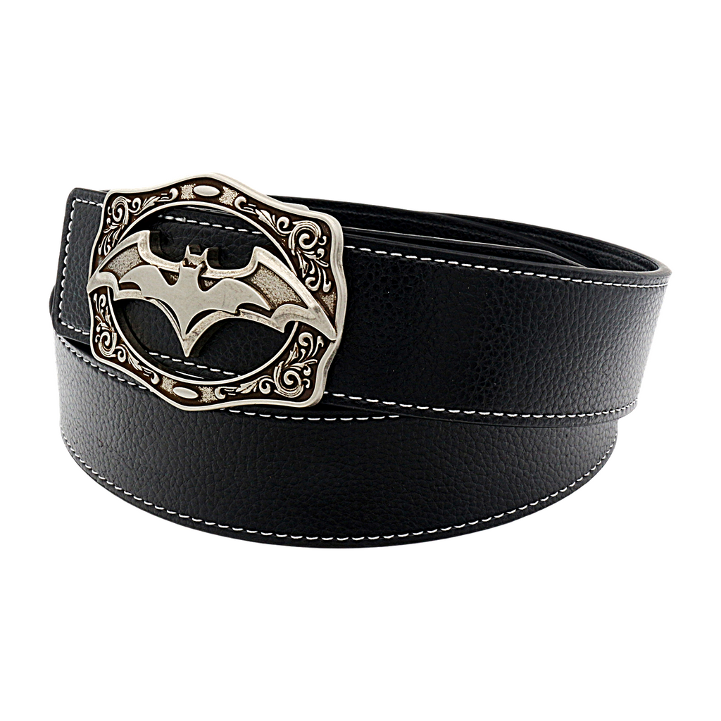 QHA Mens Designer Leather Belt Batman Themed Bat Buckle 38mm Wide Q49