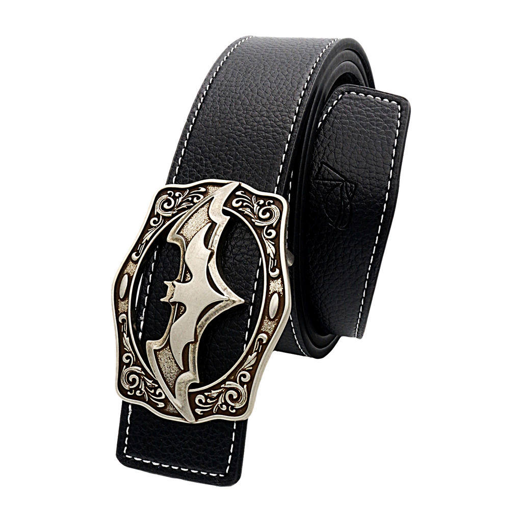 QHA Mens Designer Leather Belt Batman Themed Bat Buckle 38mm Wide Q49