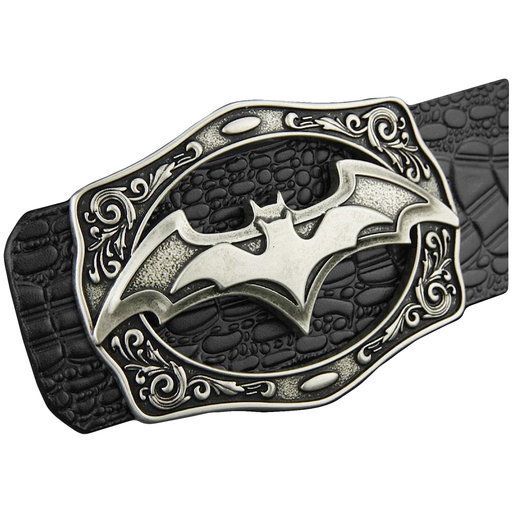 QHA Mens Designer Leather Belt Batman Themed Bat Buckle 38mm Wide Q49