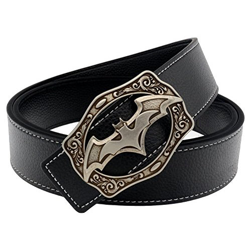 QHA Mens Designer Leather Belt Batman Themed Bat Buckle 38mm Wide Q49