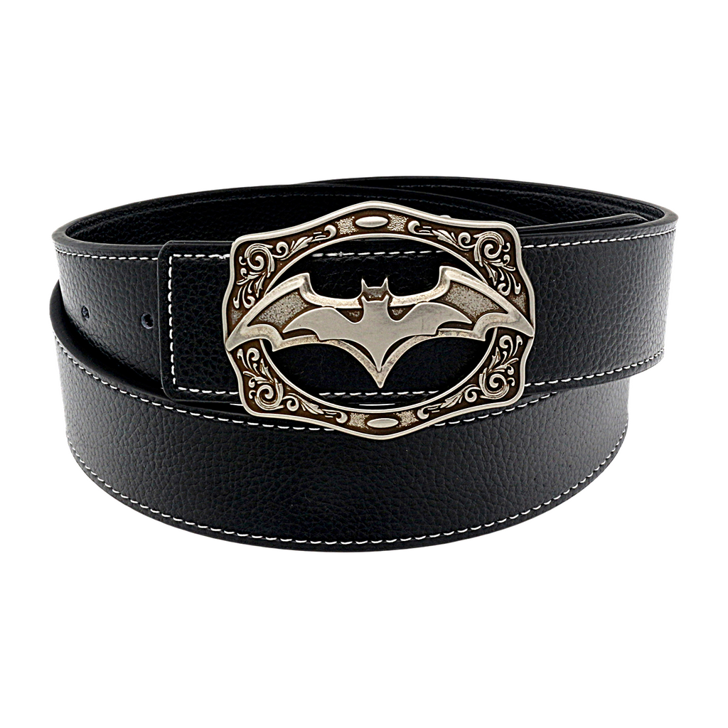 QHA Mens Designer Leather Belt Batman Themed Bat Buckle 38mm Wide Q49
