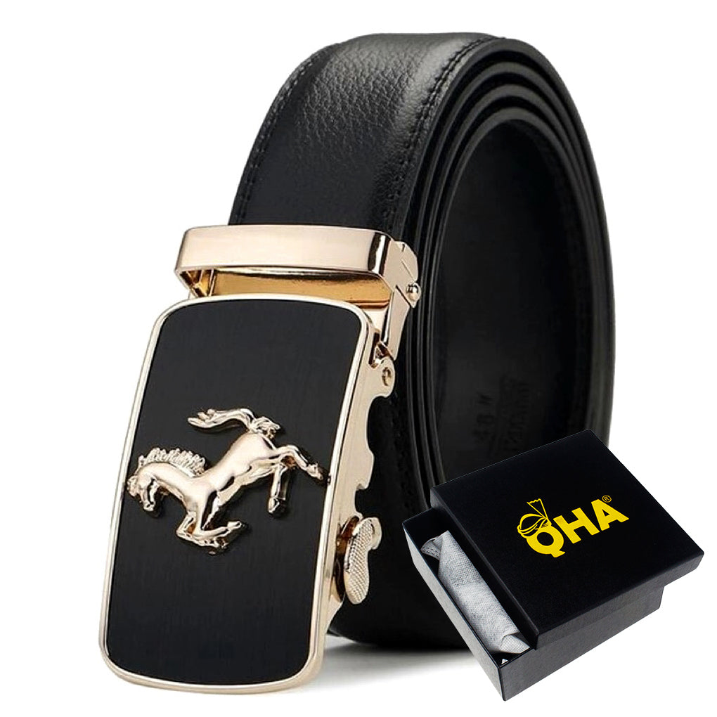 QHA Mens 35mm Ratchet Leather Belt, Prancing Horse Auto Buckle Q5083