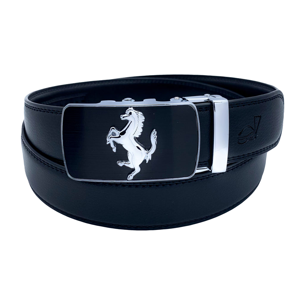Mens Prancing Horse Ratchet Leather Belt Durable Automatic Sliding Buckle Q5083