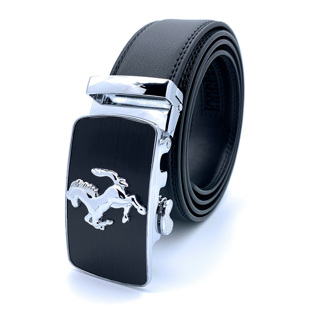 Mens Prancing Horse Ratchet Leather Belt Durable Automatic Sliding Buckle Q5083