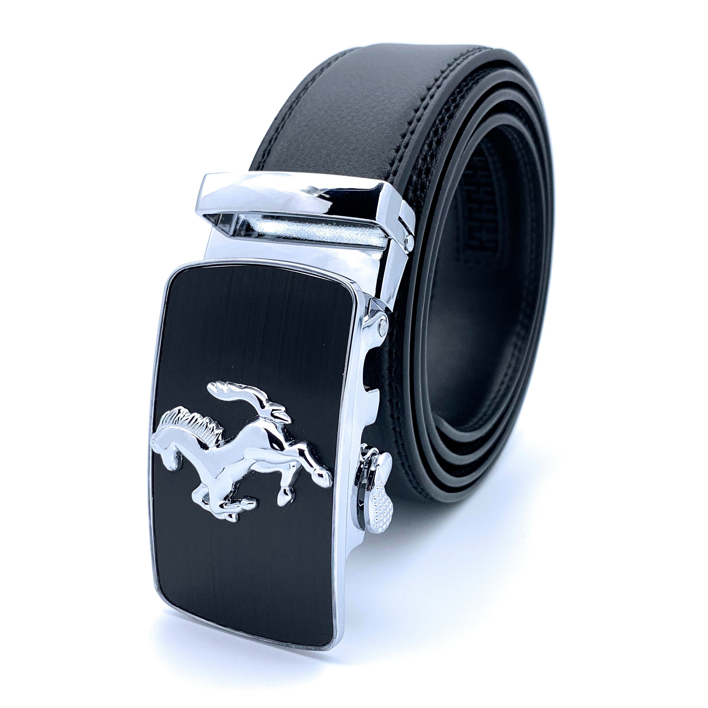 Mens Prancing Horse Ratchet Leather Belt Durable Automatic Sliding Buckle Q5083