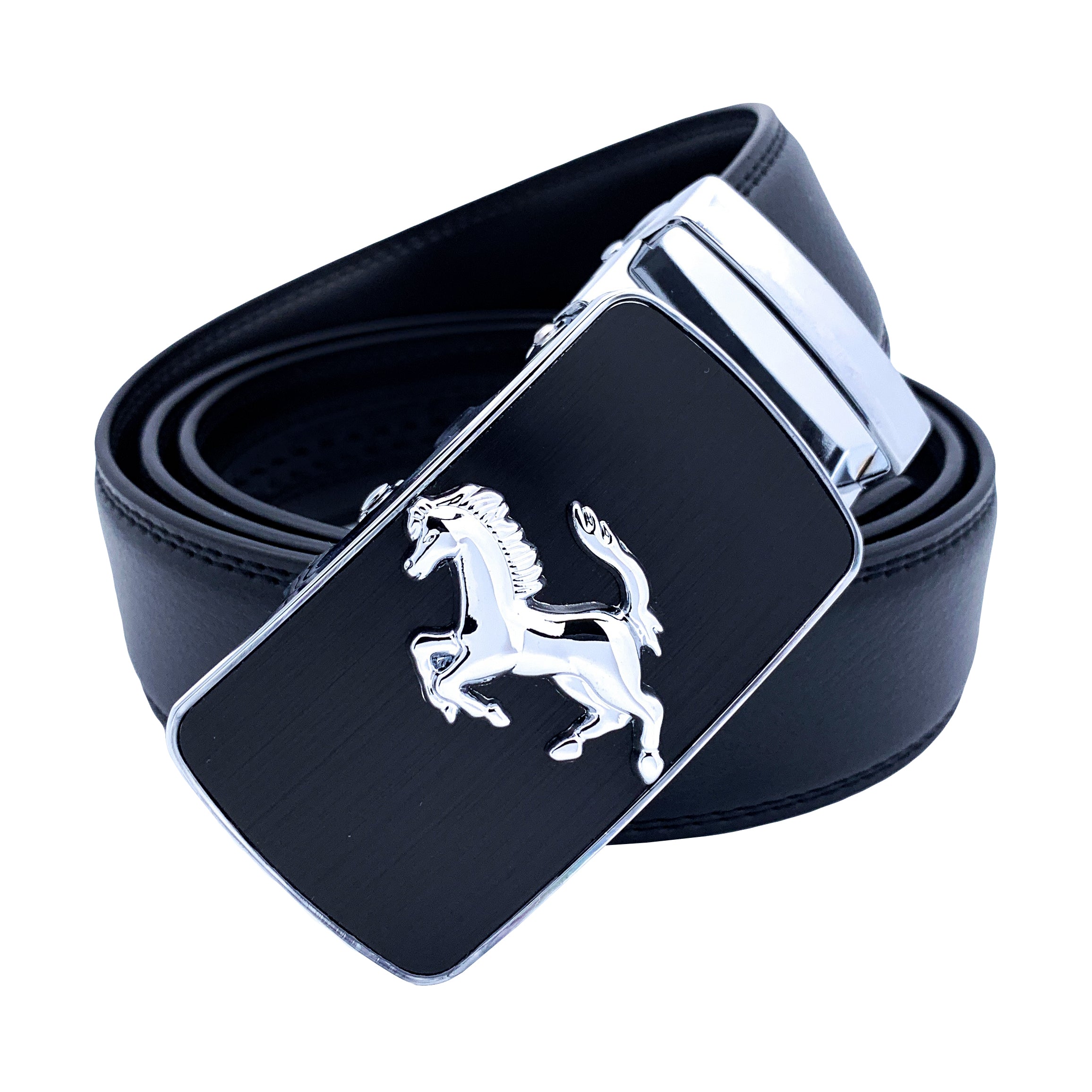 Mens Prancing Horse Ratchet Leather Belt Durable Automatic Sliding Buckle Q5083