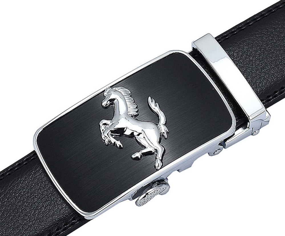 Mens Prancing Horse Ratchet Leather Belt Durable Automatic Sliding Buckle Q5083
